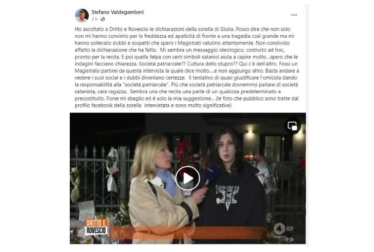 Post Facebook di Stefano Valdegamberi su Elena Cecchettin