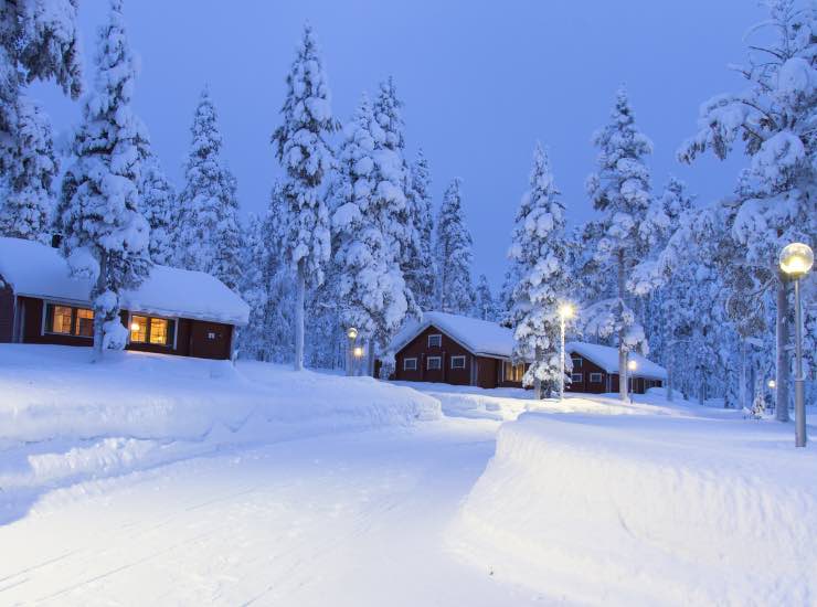 Cabins In The Snow At Night